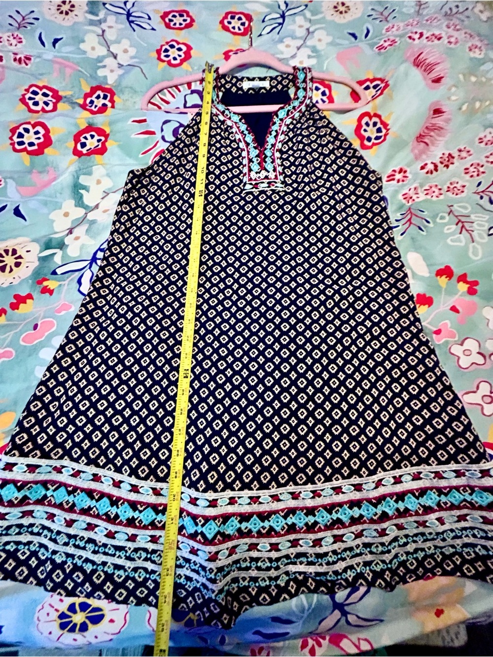 THML Navy Mini Dress with Teal and Red Embroidered Trim - Picture 6 of 9